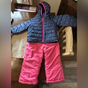 OshKosh B'gosh Pink Snow bibs with navy Gap winter jacket